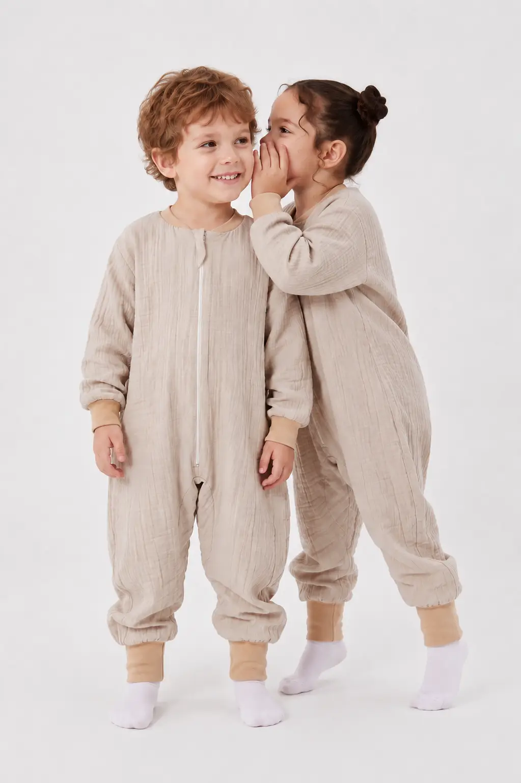 Çocuk Uyku Tulumu Dört Mevsim 1-8 Yaş Unisex Uzun Kollu 1 Tog %100 Pamuk Müslin 2706 - Bej