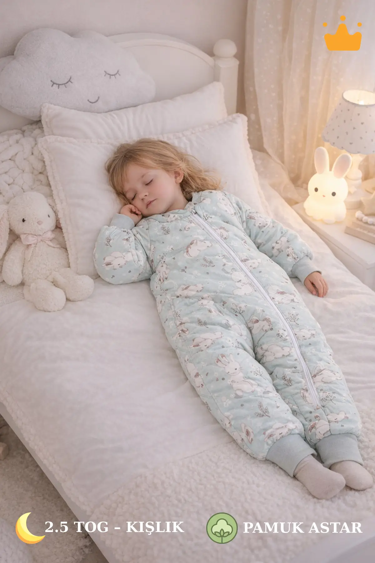 2.5 Tog Yorgan Gerektirmeyen Kalın Elyaf Dolgulu Çocuk Uyku Tulumu Pamuk Astarlı Unisex 6020 - Mint Yeşil