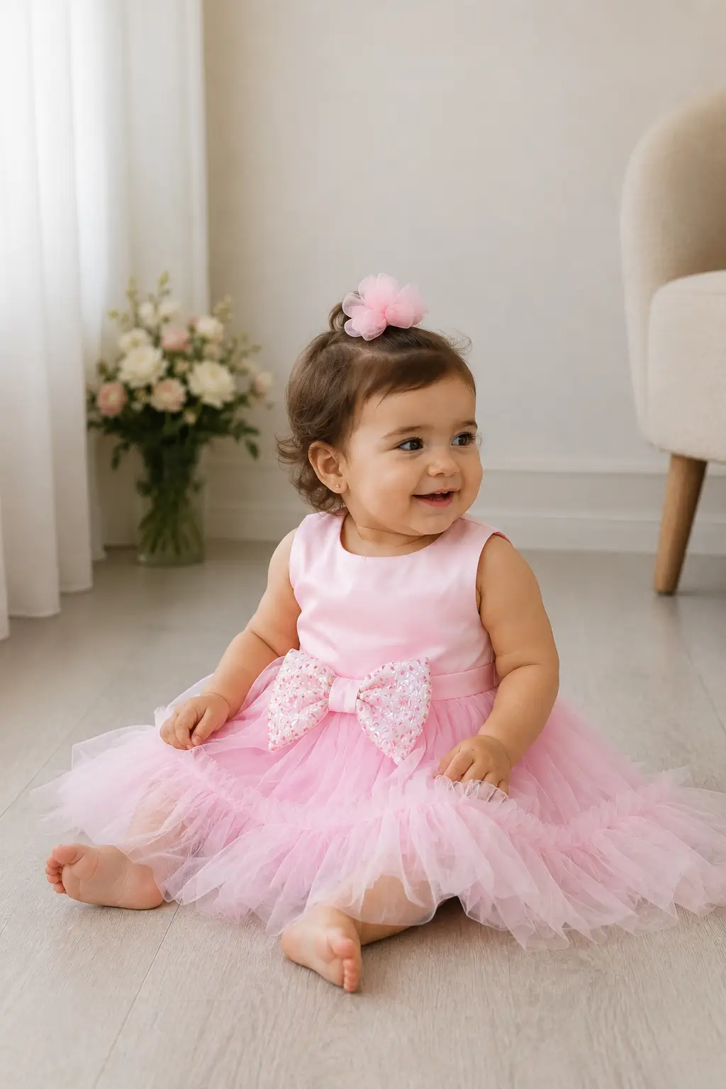 Kız Bebek Pembe Tüllü Payetli Fiyonk Detaylı Abiye Elbise 9999